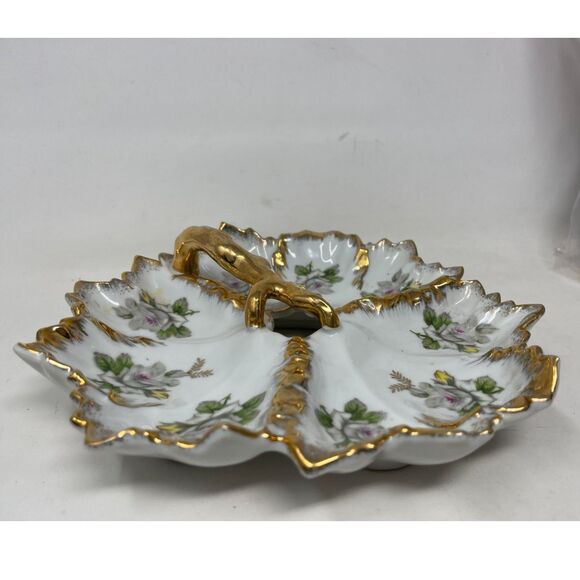 Divided Candy Nut Dish Vintage Marco Porcelain Bone China Gold Gild Rose Floral - Picture 2 of 9